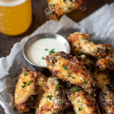 Crispy Air Fryer Garlic Parmesan Wings served with dipping sauce