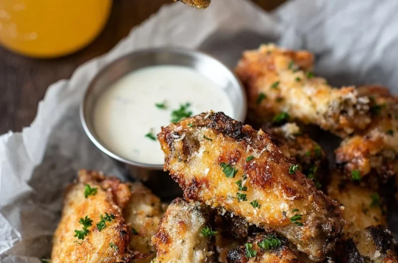 Crispy Air Fryer Garlic Parmesan Wings served with dipping sauce
