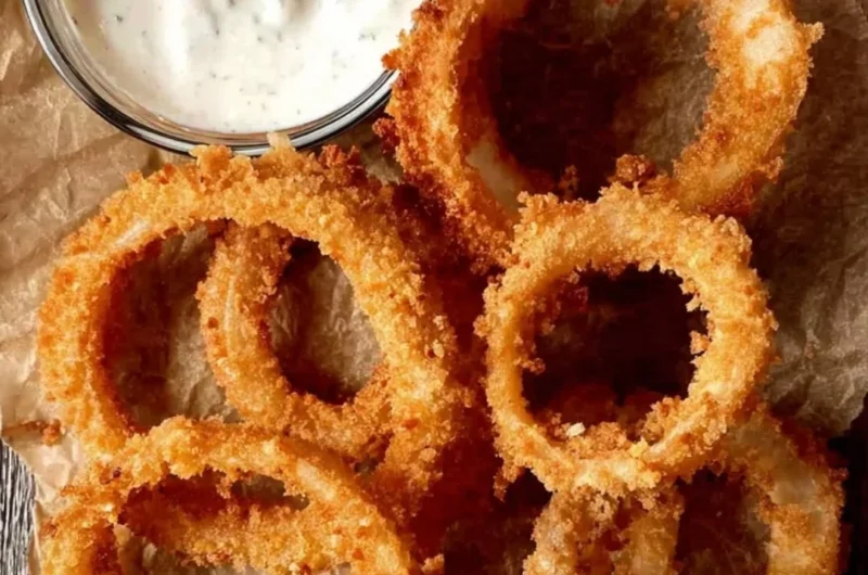 Crispy air fryer onion rings served on a plate