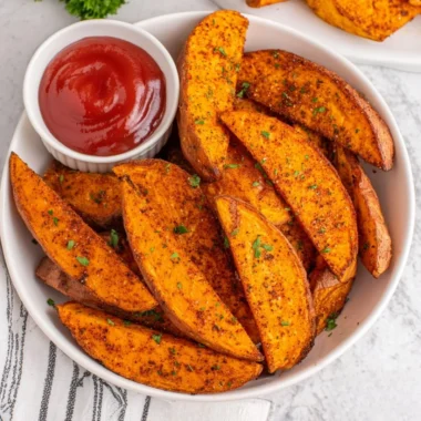 Crispy air fryer sweet potato wedges served on a plate