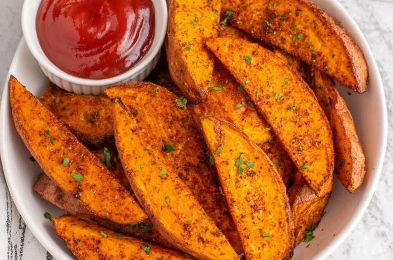 Crispy air fryer sweet potato wedges served on a plate