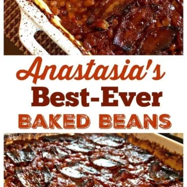Delicious plate of Anastasia's best-ever baked beans served with fresh herbs