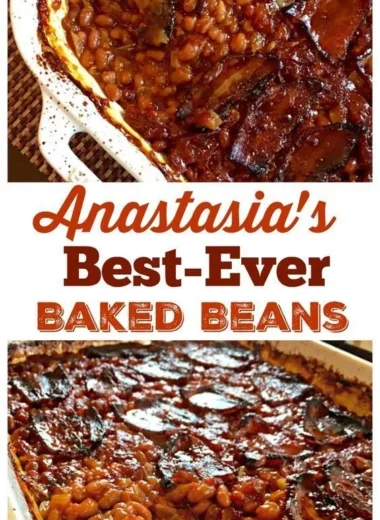 Delicious plate of Anastasia's best-ever baked beans served with fresh herbs