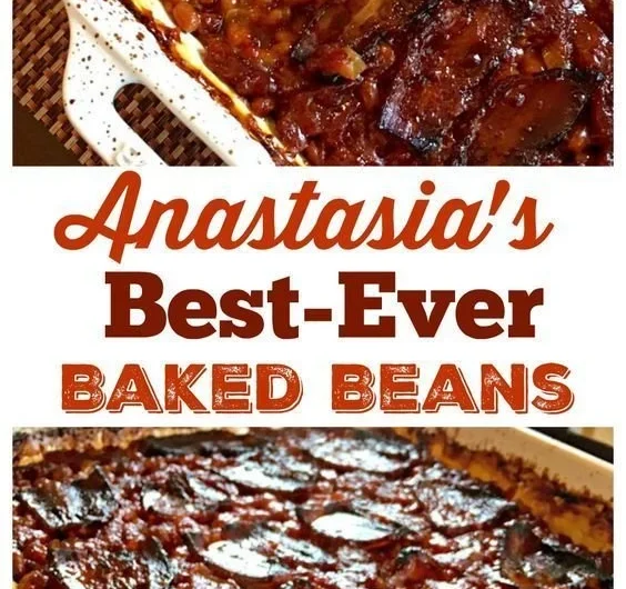 Delicious plate of Anastasia's best-ever baked beans served with fresh herbs