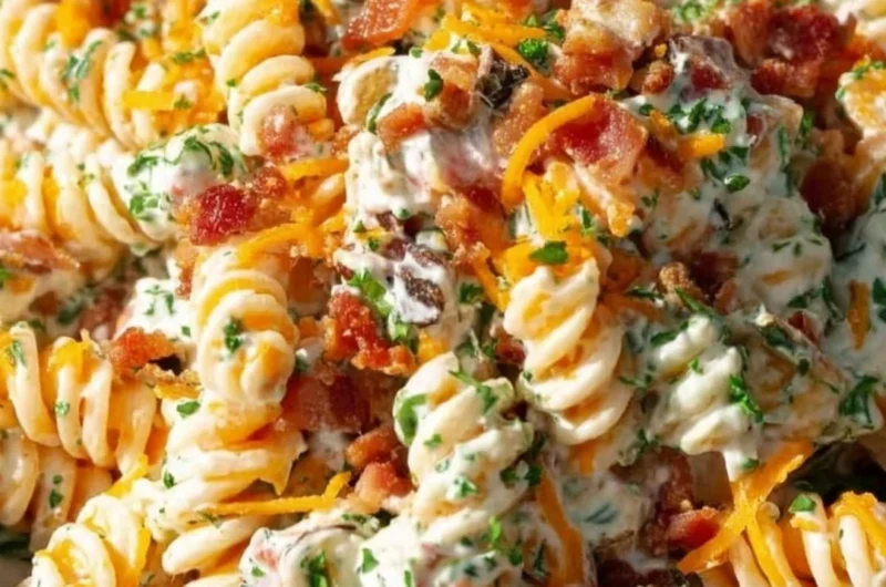 Bacon Ranch Pasta Salad with creamy dressing and fresh ingredients