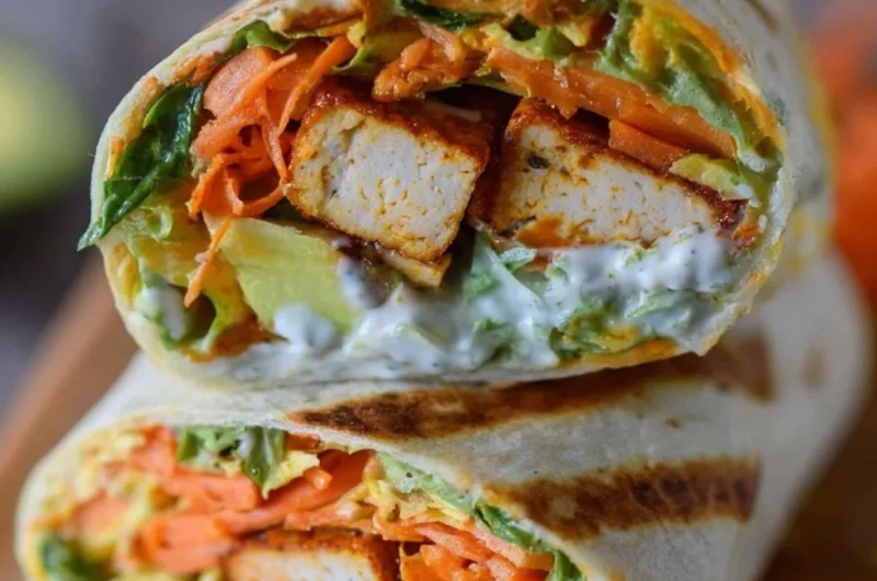 Buffalo Tofu Wrap with fresh vegetables in a whole grain tortilla