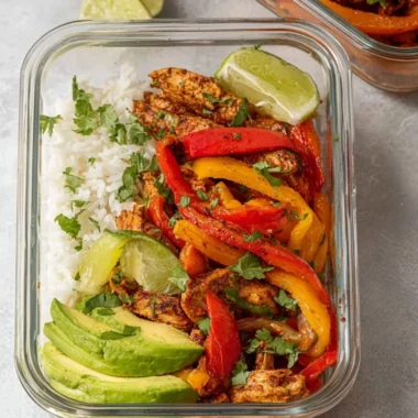 Healthy Chicken Fajita Meal Prep Bowls with colorful vegetables and spices