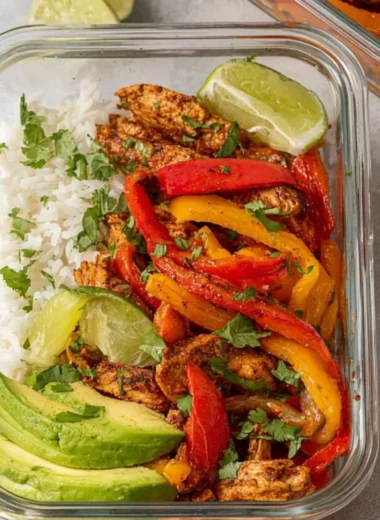 Healthy Chicken Fajita Meal Prep Bowls with colorful vegetables and spices