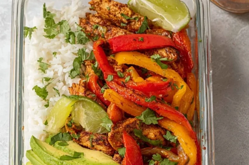 Healthy Chicken Fajita Meal Prep Bowls with colorful vegetables and spices