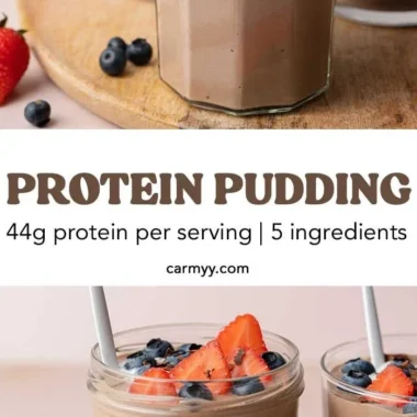 Delicious chocolate protein pudding in a bowl garnished with chocolate chips