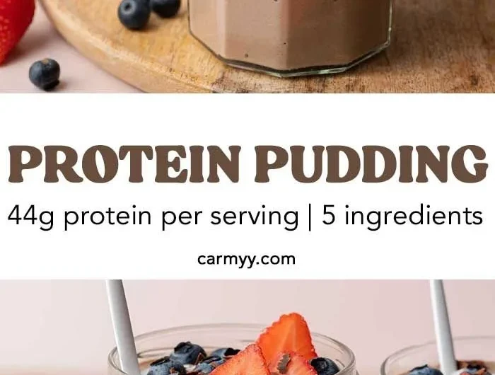 Delicious chocolate protein pudding in a bowl garnished with chocolate chips