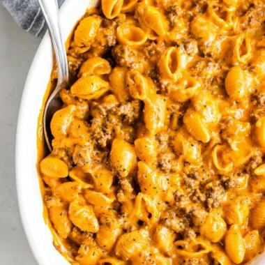 Creamy cheesy pasta dish with ground beef served in a bowl