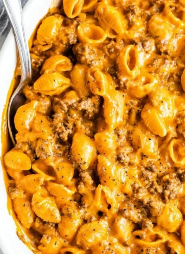 Creamy cheesy pasta dish with ground beef served in a bowl