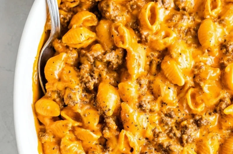 Creamy cheesy pasta dish with ground beef served in a bowl