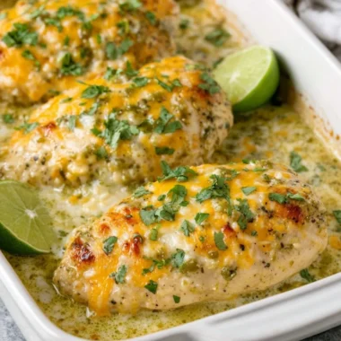 Creamy chicken bake topped with flavorful herbs and cheese in a baking dish.