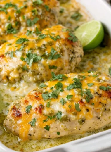 Creamy chicken bake topped with flavorful herbs and cheese in a baking dish.