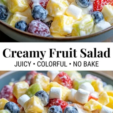 Creamy fruit salad with a variety of fresh fruits in a rich dressing
