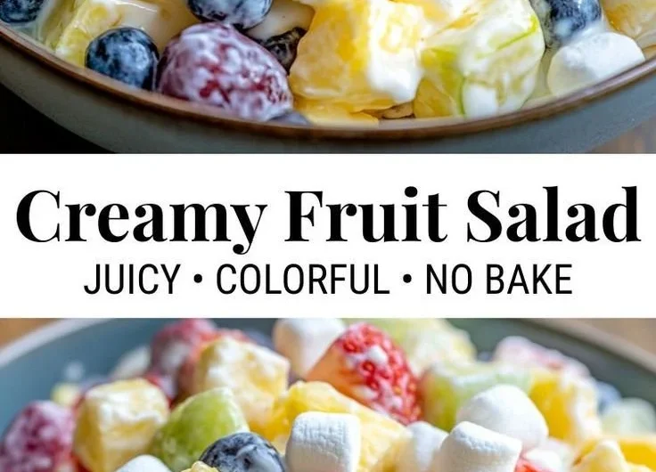 Creamy fruit salad with a variety of fresh fruits in a rich dressing