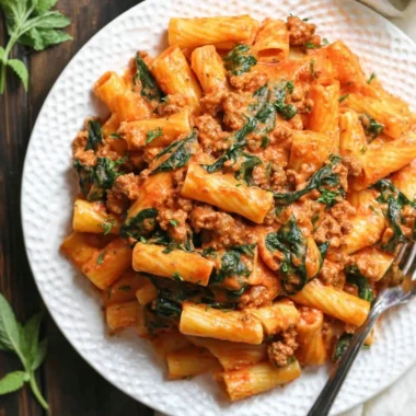 Creamy sausage rigatoni pasta dish with fresh spinach in a white sauce
