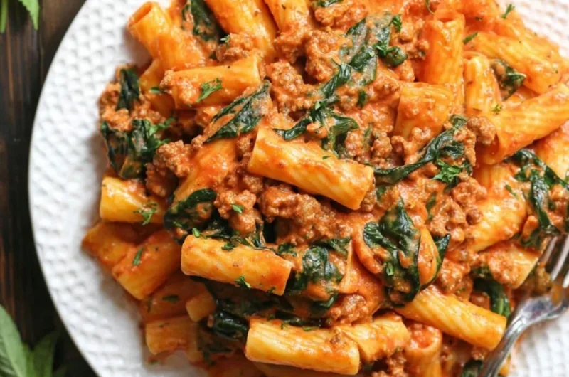 Creamy sausage rigatoni pasta dish with fresh spinach in a white sauce