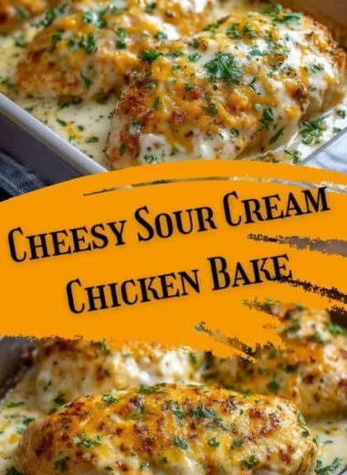 Creamy Sour Cream Chicken Bake dish served hot with herbs and spices