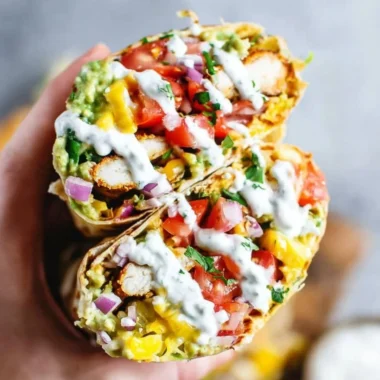 Delicious crispy chicken wrap filled with fresh vegetables and savory sauces.