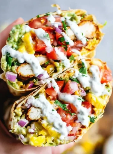 Delicious crispy chicken wrap filled with fresh vegetables and savory sauces.