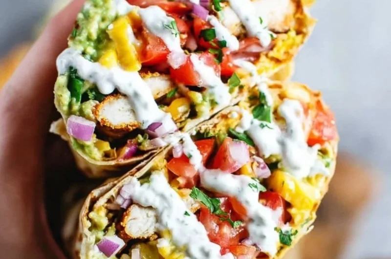 Delicious crispy chicken wrap filled with fresh vegetables and savory sauces.