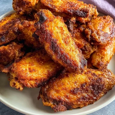 Crispy dry rub chicken wings served on a platter with dipping sauce.