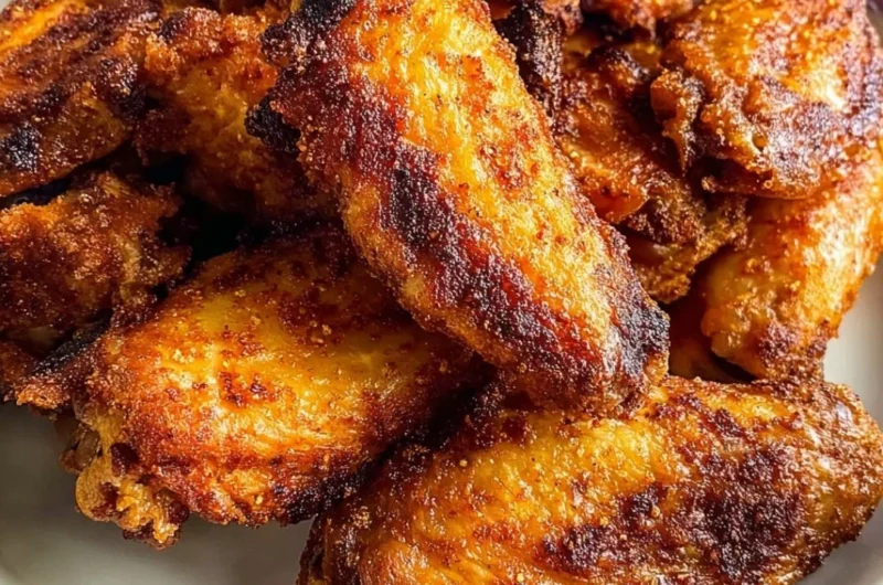 Crispy dry rub chicken wings served on a platter with dipping sauce.