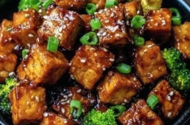 Crispy honey garlic tofu served with vegetables on a plate