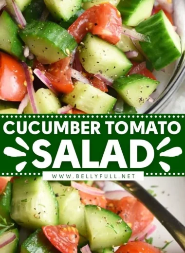 Fresh cucumber tomato salad with herbs and dressing in a bowl