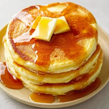 Stack of fluffy pancakes topped with syrup and berries