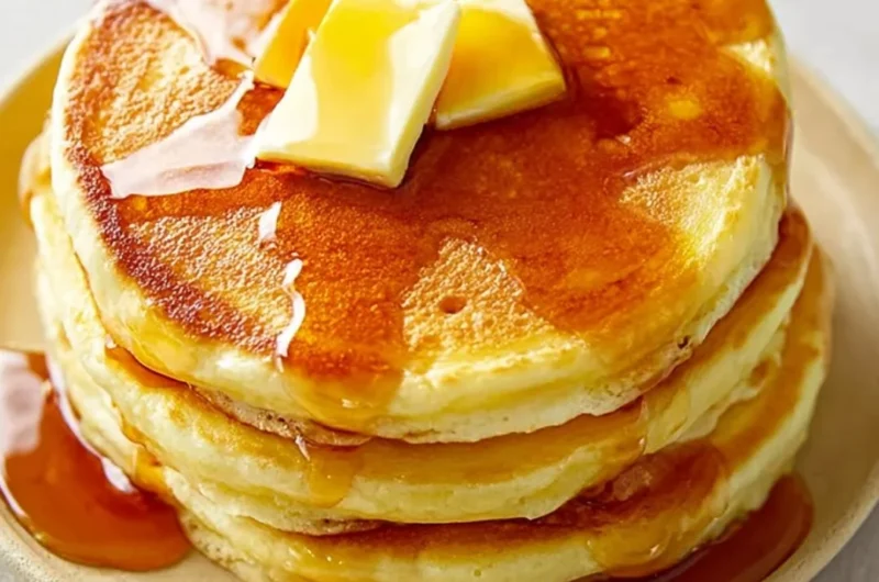 Stack of fluffy pancakes topped with syrup and berries