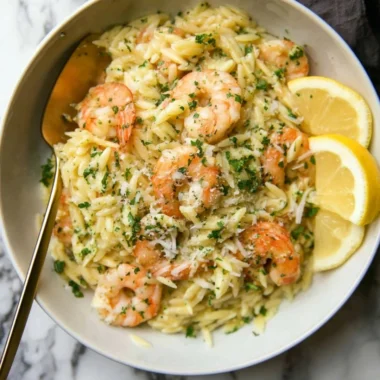 Delicious Garlic Butter Prawn Orzo served in a bowl garnished with herbs