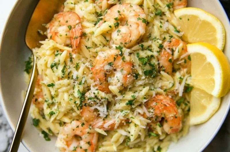 Delicious Garlic Butter Prawn Orzo served in a bowl garnished with herbs
