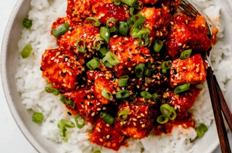 Plate of Gochujang Tofu with vibrant vegetables and spicy sauce