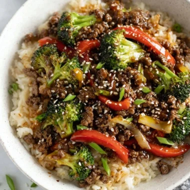 Ground beef and broccoli stir-fry on a plate for a healthy dinner option