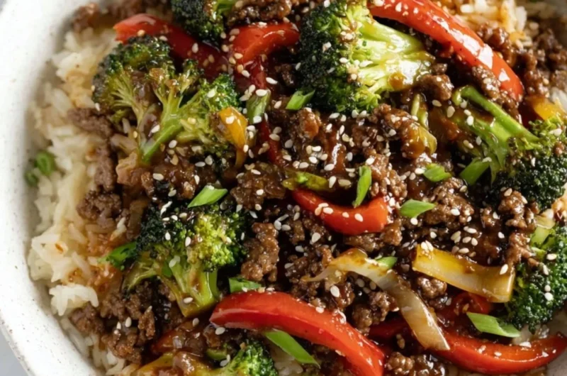 Ground beef and broccoli stir-fry on a plate for a healthy dinner option