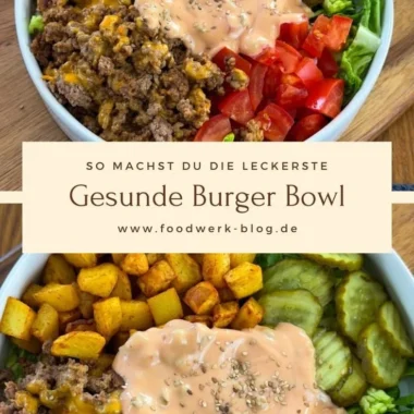 Healthy burger bowl filled with fresh vegetables and lean protein.