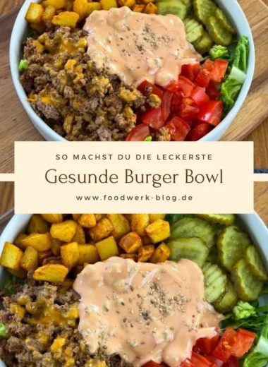 Healthy burger bowl filled with fresh vegetables and lean protein.