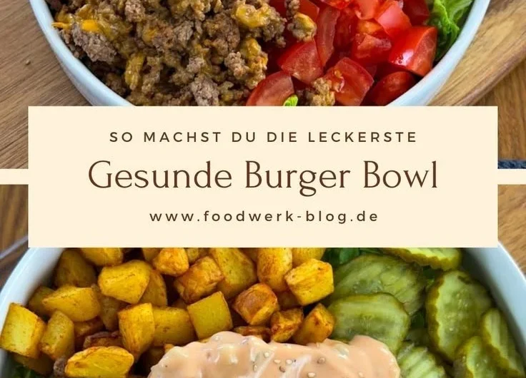 Healthy burger bowl filled with fresh vegetables and lean protein.