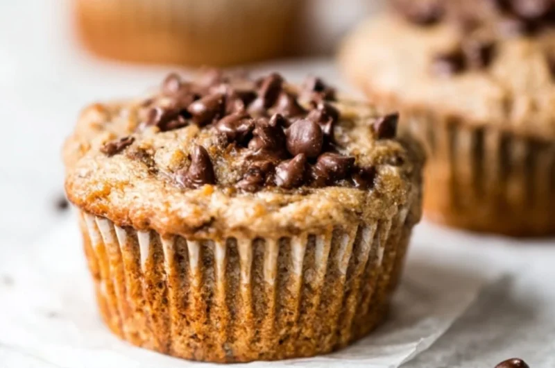 Healthy peanut butter banana muffins freshly baked and served on a plate