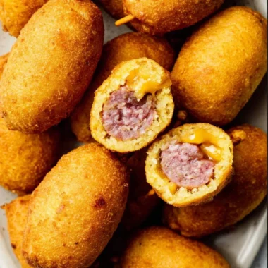 Plate of homemade mini corndogs served with dipping sauce