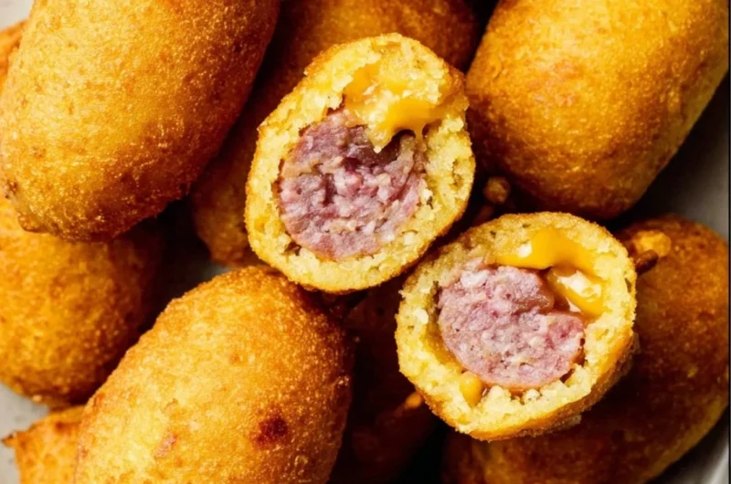 Plate of homemade mini corndogs served with dipping sauce