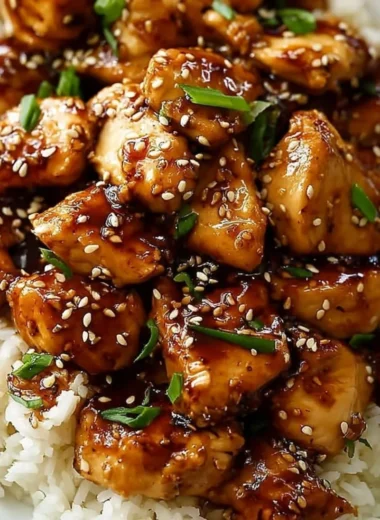 Honey Garlic Chicken dish with chicken pieces glazed in honey and garlic sauce