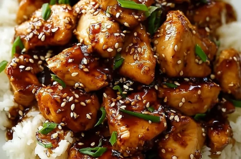 Honey Garlic Chicken dish with chicken pieces glazed in honey and garlic sauce