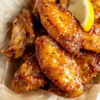 Plate of Honey Lemon Pepper Wings garnished with herbs.