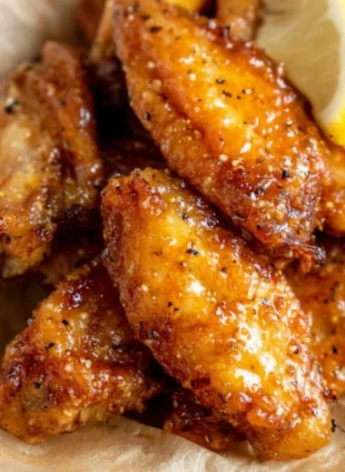 Plate of Honey Lemon Pepper Wings garnished with herbs.
