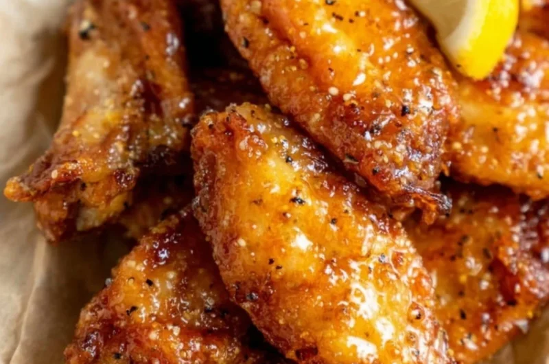 Plate of Honey Lemon Pepper Wings garnished with herbs.